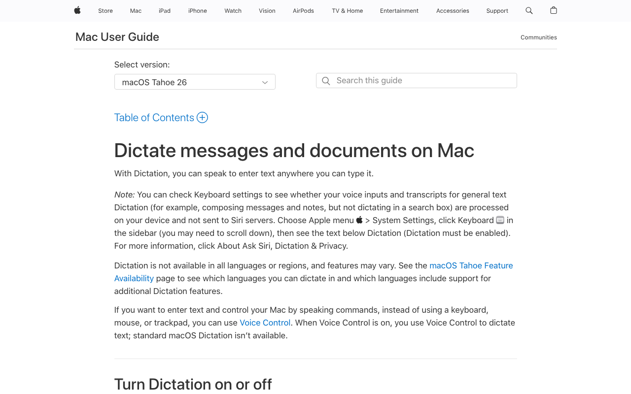 Apple Dictation built into macOS System Settings showing on-device speech-to-text on Apple Silicon for short clinical notes and addenda