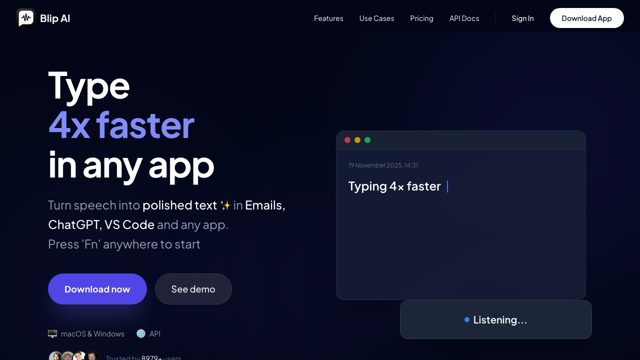 Blip AI homepage showing Type 4x faster tagline — the cloud-based dictation tool users are seeking alternatives to