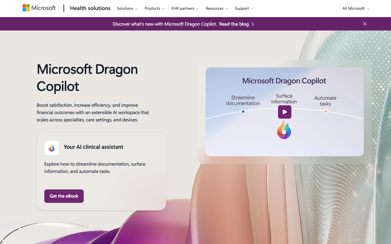 Nuance DAX Copilot ambient clinical documentation interface generating a SOAP note with Microsoft and Epic integration