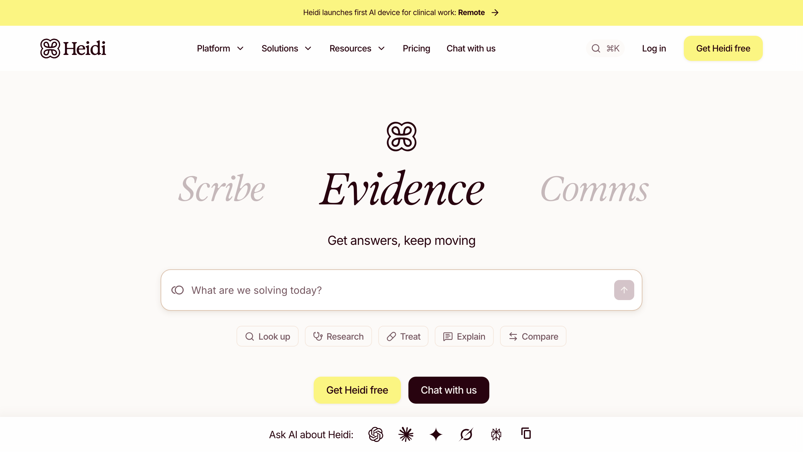 Heidi Health homepage showing the AI medical scribe with Scribe, Evidence, and Comms product pillars and a free tier signup for solo and small-practice clinicians