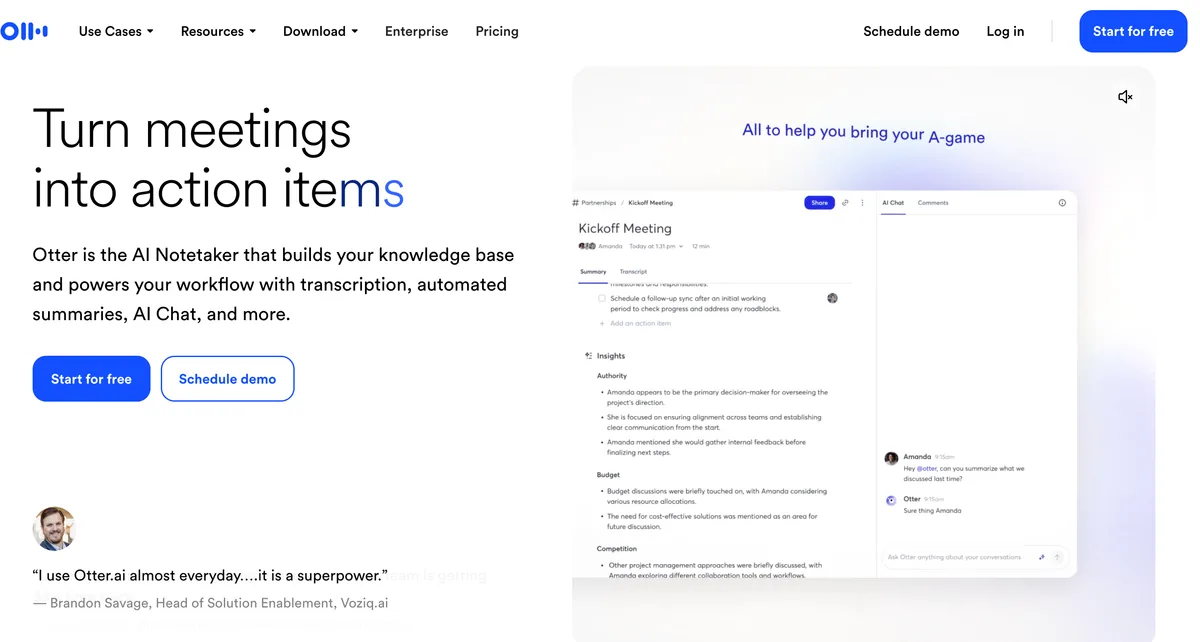 Otter.ai meeting transcription platform showing real-time transcript with speaker identification