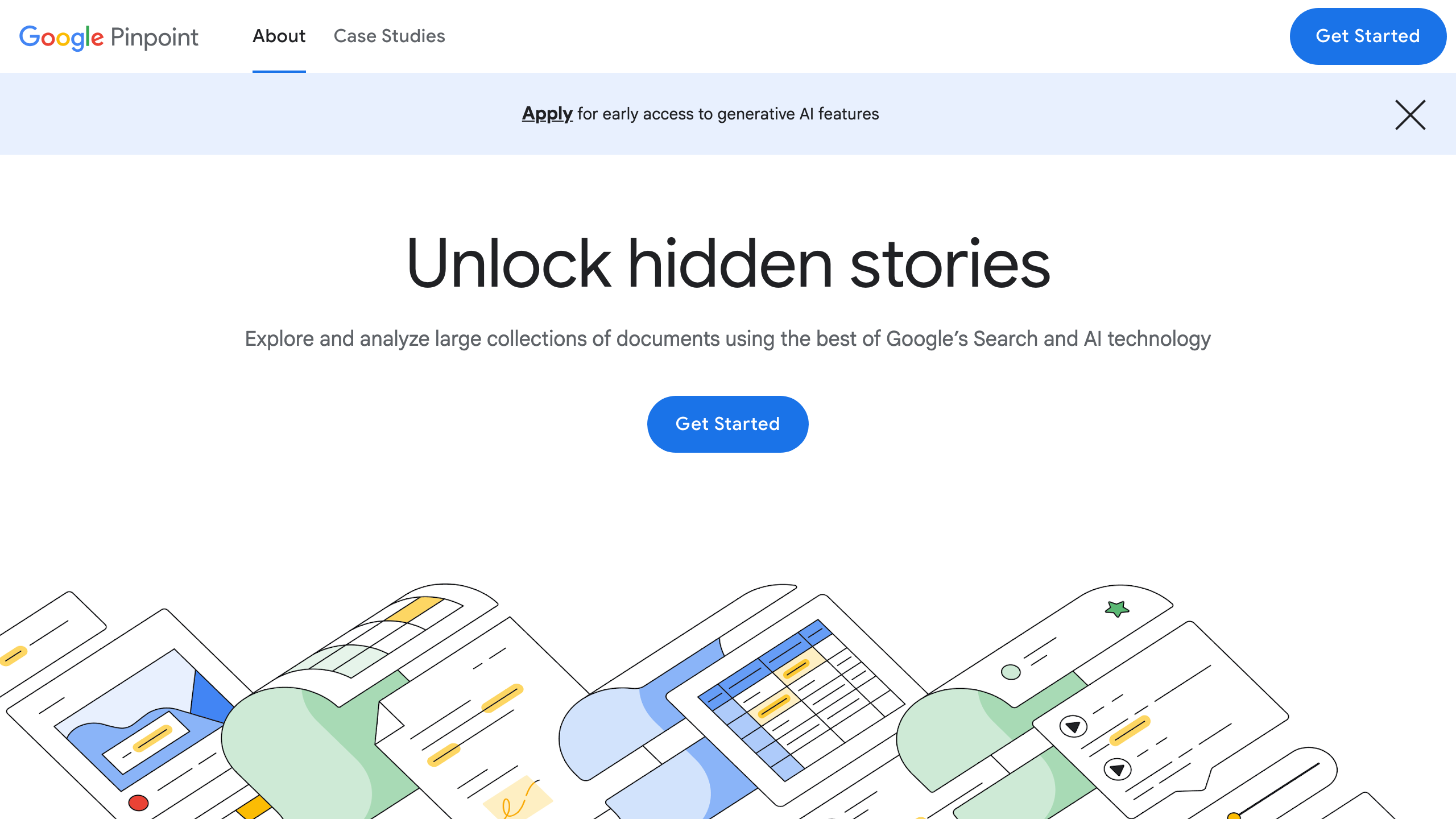 Google Pinpoint homepage from the Google News Initiative showing the tagline 'Unlock hidden stories' and a Get Started call to action β a free investigative reporting tool for document corpora and audio transcription