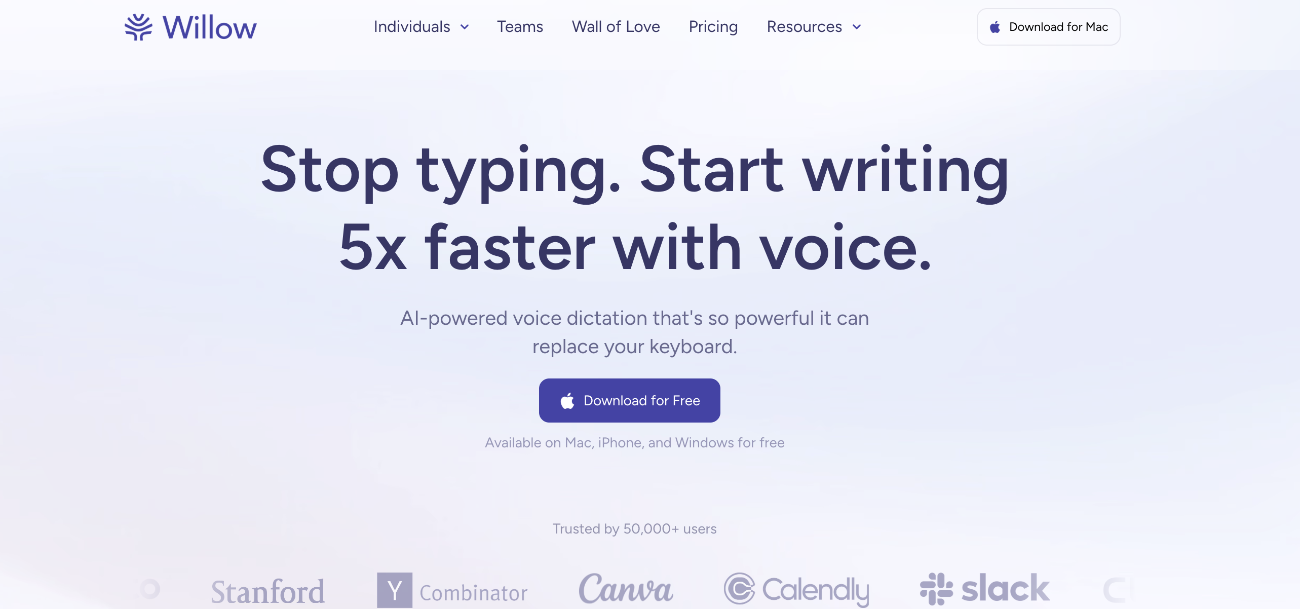 Willow Voice โ cross-platform cloud dictation product from Allan Guo and Lawrence Liu (YC X25, $4.2M raised) covering macOS, Windows, iPhone, and Android with optional Mac Offline Mode. Free 2,000 words/week recurring tier plus $144/year Individual plan.