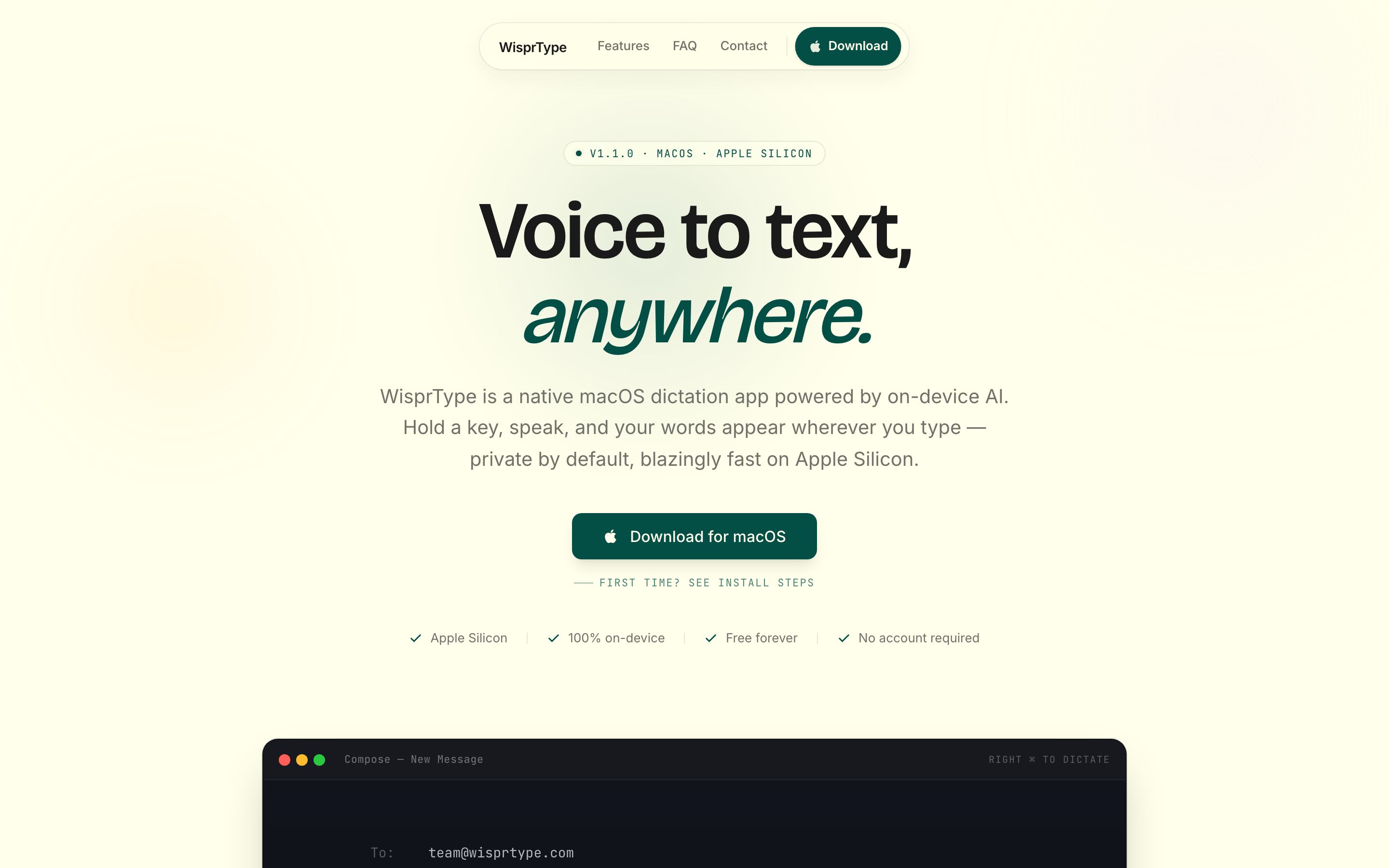 Wisprtype.com homepage hero captured May 7, 2026: 'Voice to text, anywhere.' Native macOS dictation app powered by on-device AI. v1.1.0 ยท macOS ยท Apple Silicon badge, Download for macOS CTA, and four feature checks (Apple Silicon, 100% on-device, Free forever, No account required).