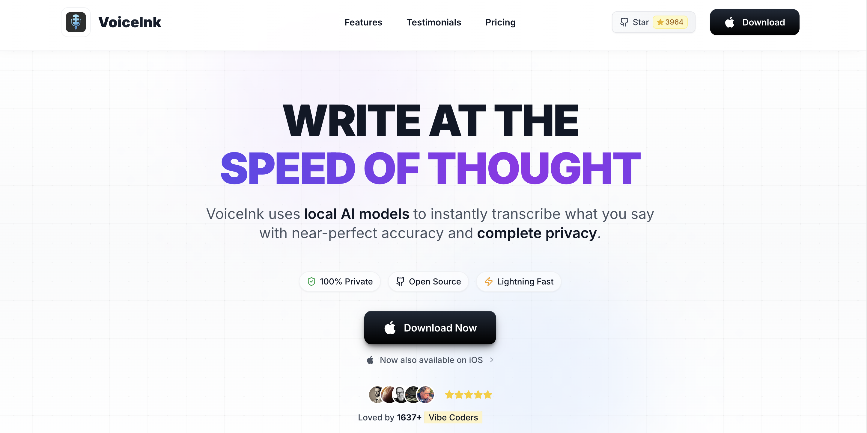 VoiceInk dictation app interface showing open-source on-device dictation with Power Mode