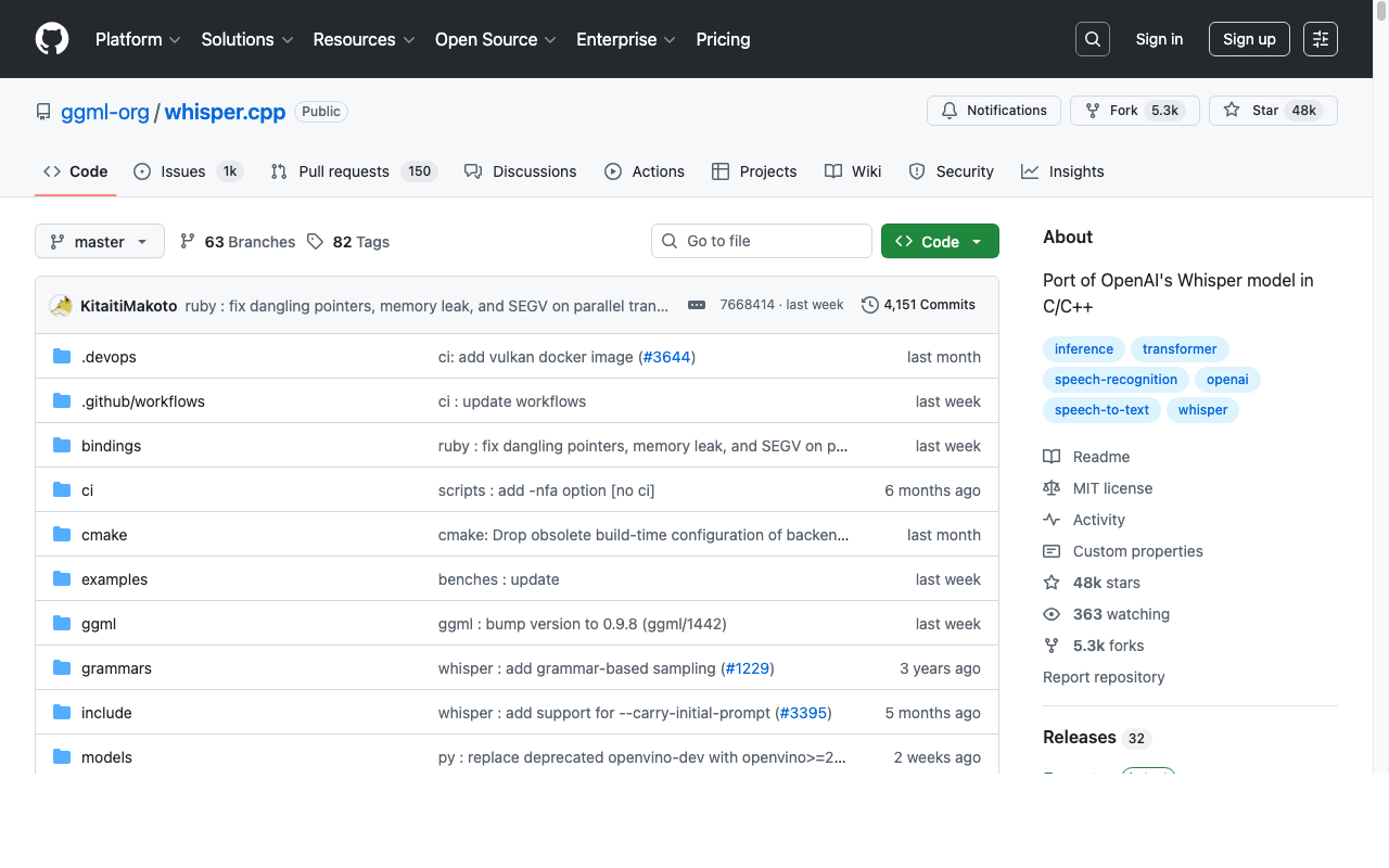 whisper.cpp GitHub repository โ the most common way OpenAI Whisper is deployed on Mac
